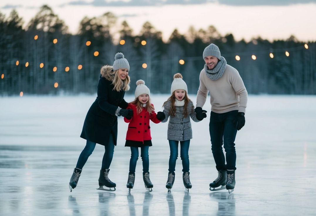 En familie der står på skøjter på en frossen sø i Sverige til jul En familie der står på skøjter på en frossen sø i Sverige til jul