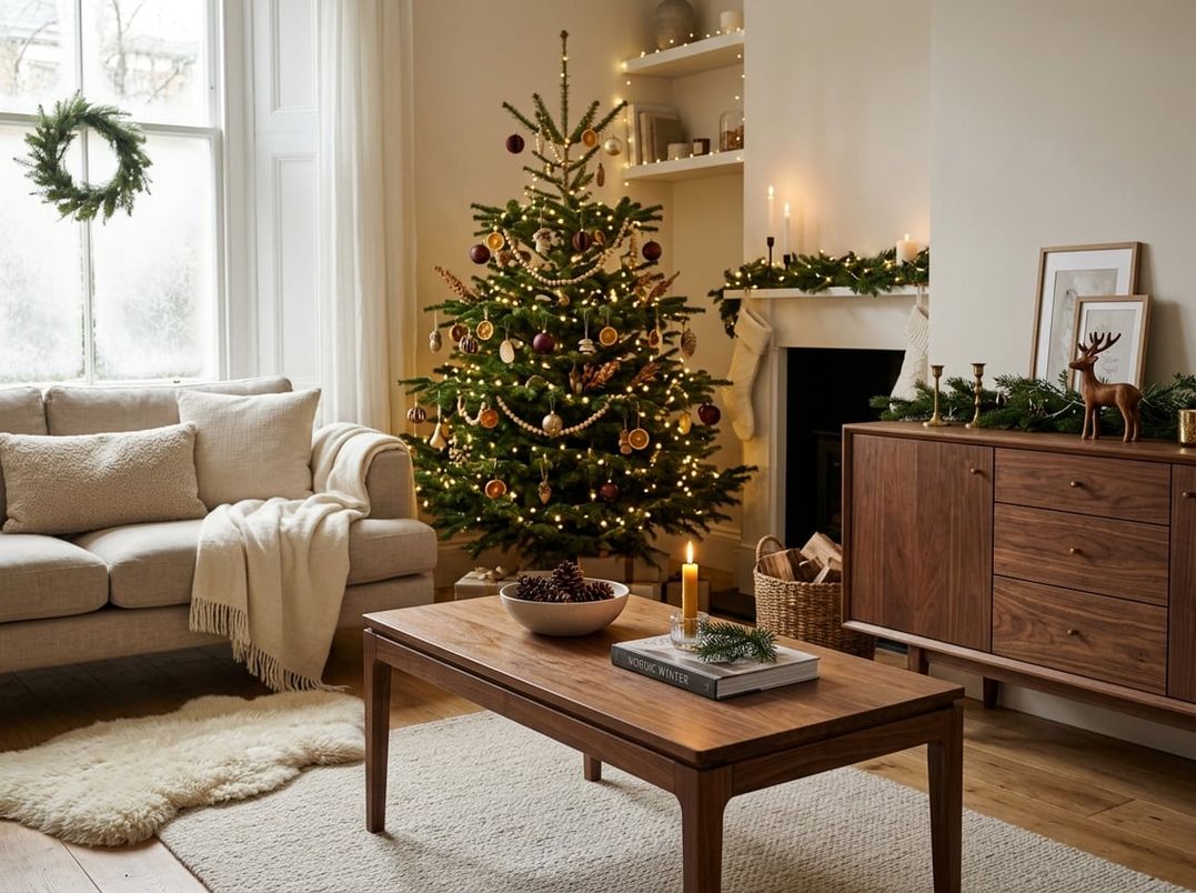 Julestue med valnødsmøbler