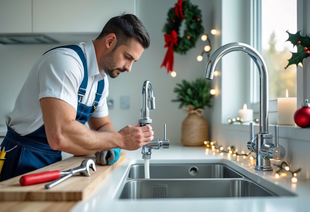 VVS'er der arbejder i et køkken i december