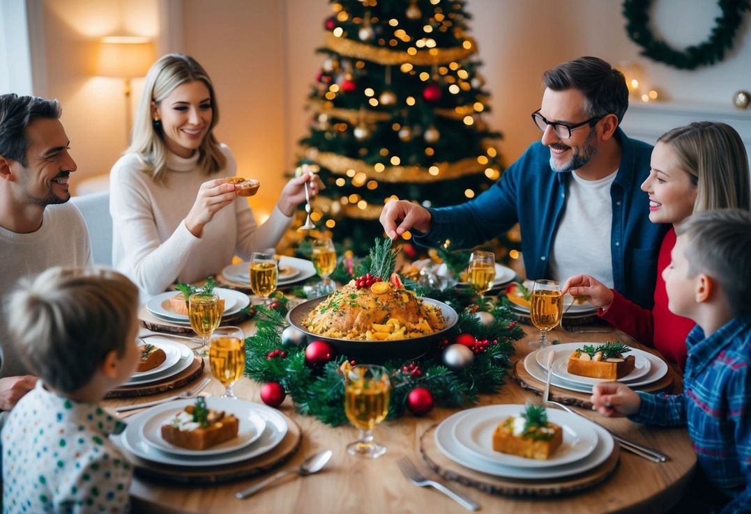 En familie samles omkring et festligt bord og nyder et lækkert julemåltid med en smagfuld julemedister som midtpunkt