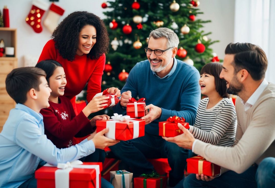 En familie samles omkring et juletræ udveksler gaver og deler latter